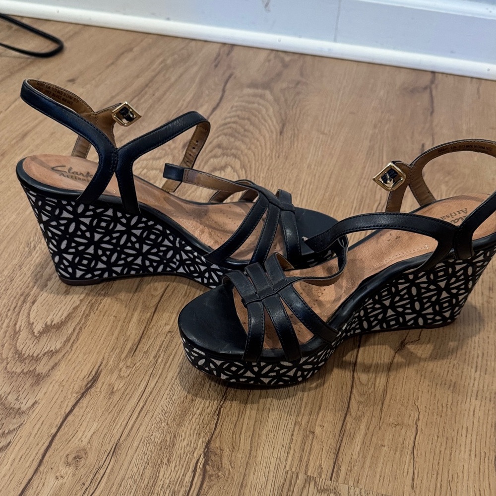 Clarks Elegant Black Wedge Sandals